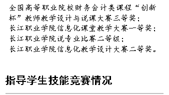 指导学生技能竞赛情况,全国高等职业院校财务会计类课程“创新杯”教师教学设计与说课大赛三等奖；长江职业学院信息化课堂教学大赛一等奖；长江职业学院说专业比赛二等级；长江职业学院信息化教学设计大赛二等奖。