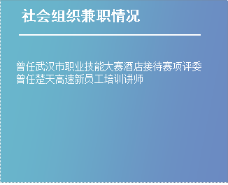 社会组织兼职情况,曾任武汉市职业技能大赛酒店接待赛项评委曾任楚天高速新员工培训讲师