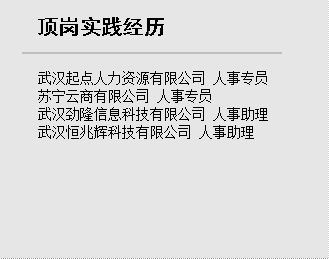 顶岗实践经历,武汉起点人力资源有限公司 人事专员苏宁云商有限公司 人事专员武汉劲隆信息科技有限公司 人事助理武汉恒兆辉科技有限公司 人事助理